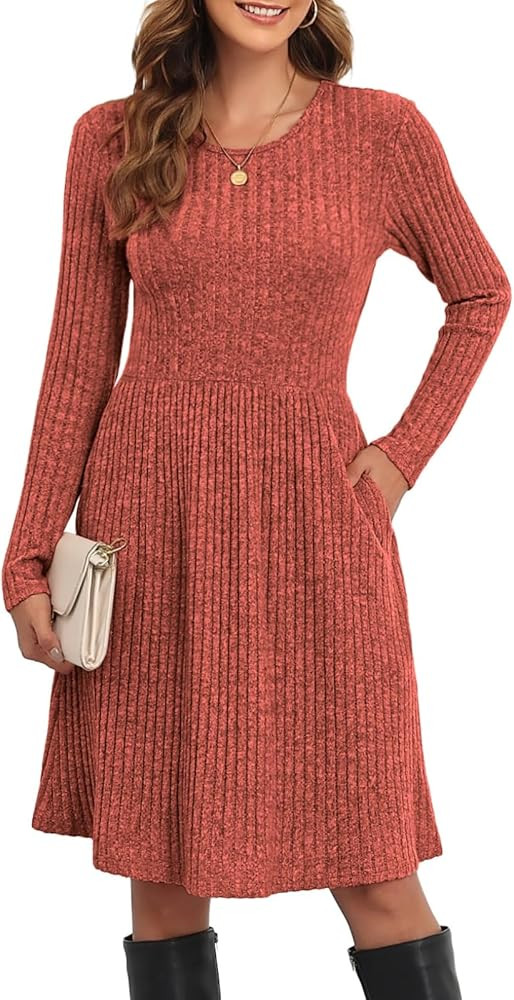 Women's Knit Textured Sweater Dresses Long Sleeve Loose Casual Pleated Fall Dress with Pockets | Amazon (US)