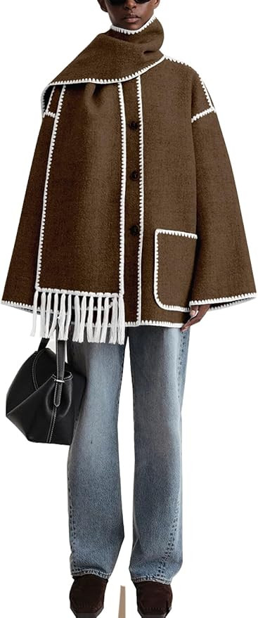 utcoco Womens Winter Wool Coats Embroidered Button Down Woolen Blend Trench Coat with Tassel Scar... | Amazon (US)
