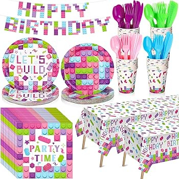 Gejoy Kit de vajilla de 171 piezas de bloques de construcción para fiesta de cumpleaños, incluy... | Amazon (US)