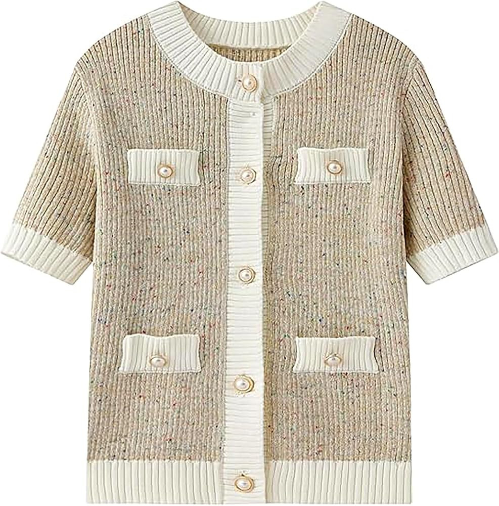 Women's Short Sleeve Button Down Cardigans Sweater Crew Neck Open Front Cardigans Elegant Tops Bo... | Amazon (US)