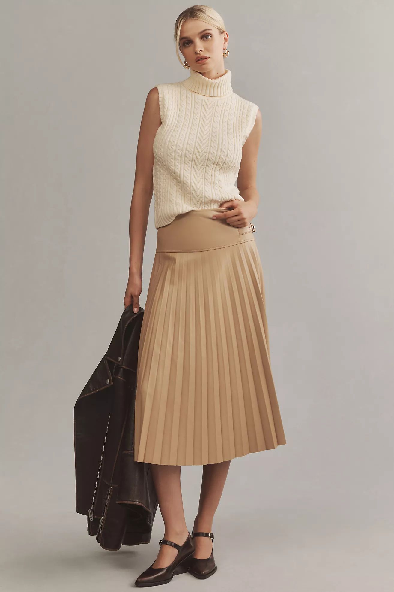 Caballero Buckle Faux Leather Pleated Midi Skirt | Anthropologie (US)