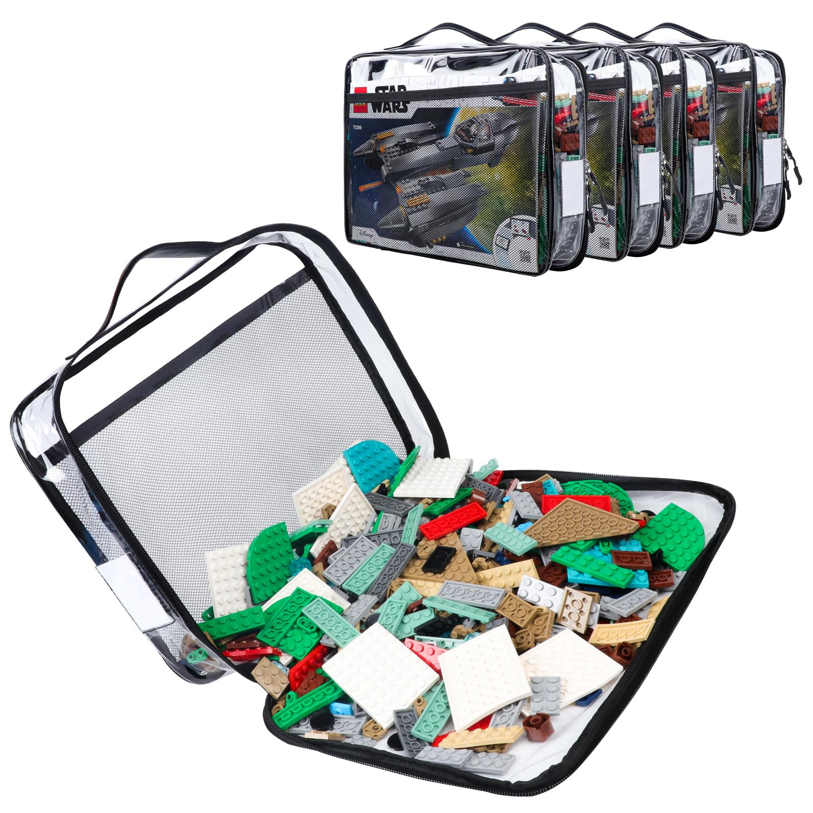 4 Pack Toy Storage Organizer Bag for Lego Bricks, Clear PVC Zippered Block Set with Manual Pocket... | Amazon (US)