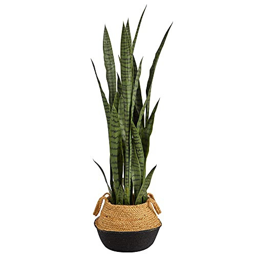 Nearly Natural 46-in Artificial Tall Snake Plant Sansevieria, Faux Snake Plant for Indoor Home Decor, Boho Chic Handmade Cotton & Jute Black Woven Planter, Fake Plant for Office, Living Room, Bedroom | Amazon (US)