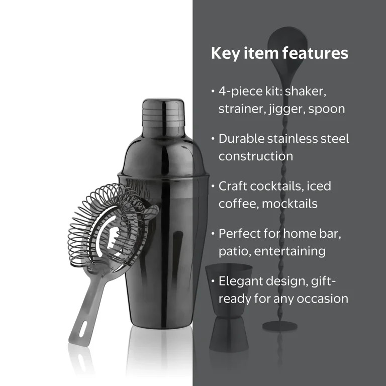 True 4 Piece Black Stainless Steel Barware Set - Cocktail Shaker & Accessories | Walmart (US)
