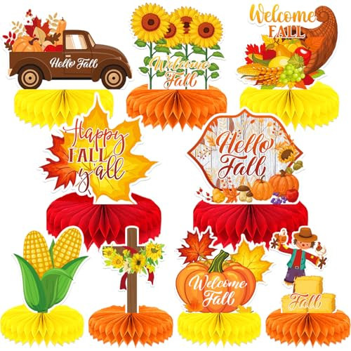 Fall Table Decorations - 9Pcs Fall Centerpieces for Tables Autumn Honeycomb Centerpieces 3D Pumpkin Maple Leaf Table Topper for Friendsgiving Harvest Birthday Thanksgiving Party Decorations | Amazon (US)