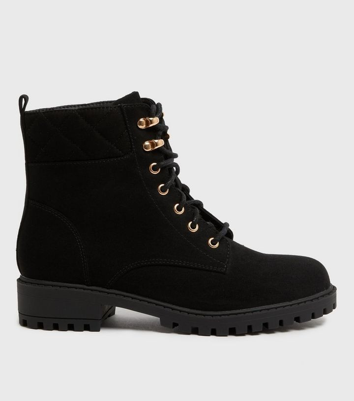Black Quilted Suedette Lace Up Ankle Boots
						
						Add to Saved Items
						Remove from Save... | New Look (UK)