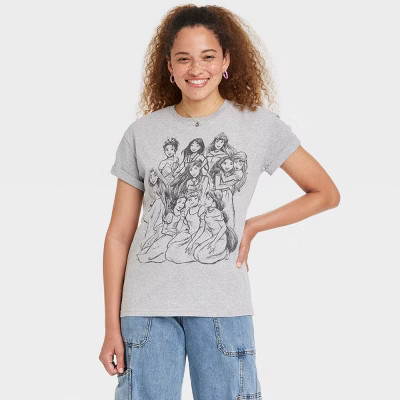 Women's Disney Princess Outline Short Sleeve Graphic T-Shirt - Gray | Target