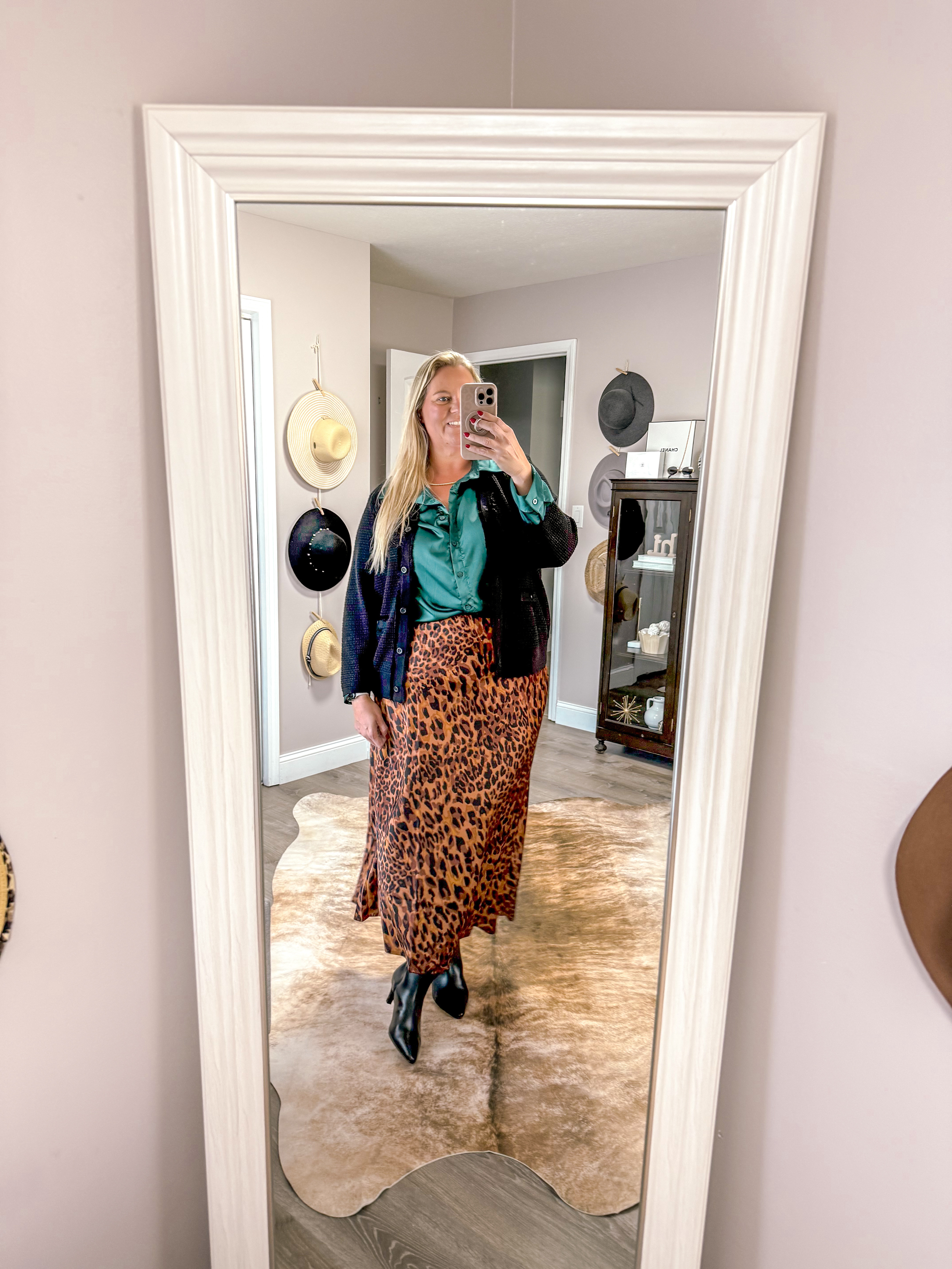 Date night outfit with this satin skirt and button shirt layered with a black cardigan. I wore with my kitten heel tall black boots that come in other colors and also wide calf options. 

#LTKPlusSize #LTKSeasonal #LTKWatchNow