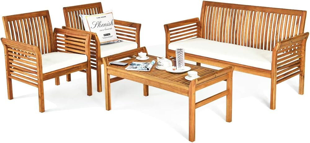 Tangkula 4 Piece Outdoor Acacia Wood Sofa Set with Water Resistant Cushions, Padded Patio Convers... | Amazon (US)