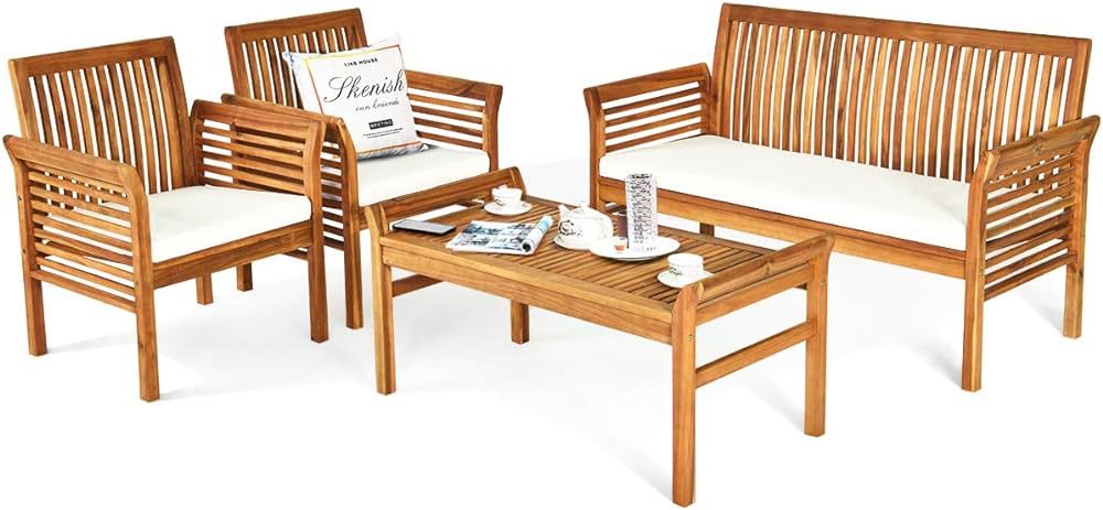 Tangkula 4 Piece Outdoor Acacia Wood Sofa Set w/Water Resistant Cushions, Padded Patio Conversati... | Amazon (US)