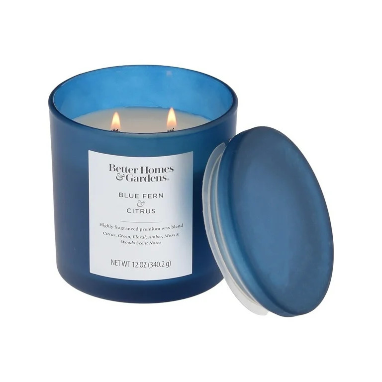 Better Homes & Gardens 12oz Blue Fern & Citrus Scented 2-Wick Jar Candle with Glass Lid - Walmart... | Walmart (US)