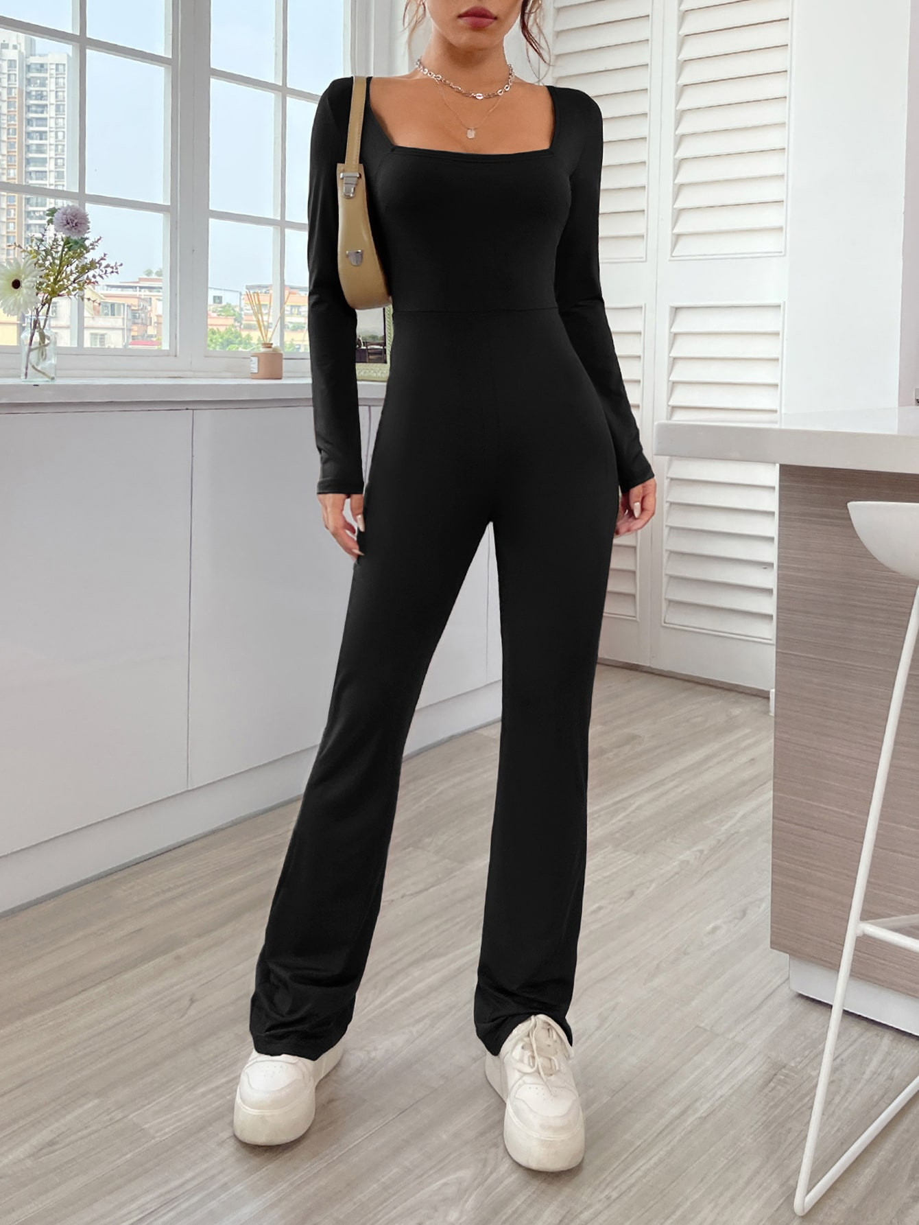 SHEIN EZwear Square Neck Flare Leg Jumpsuit | SHEIN