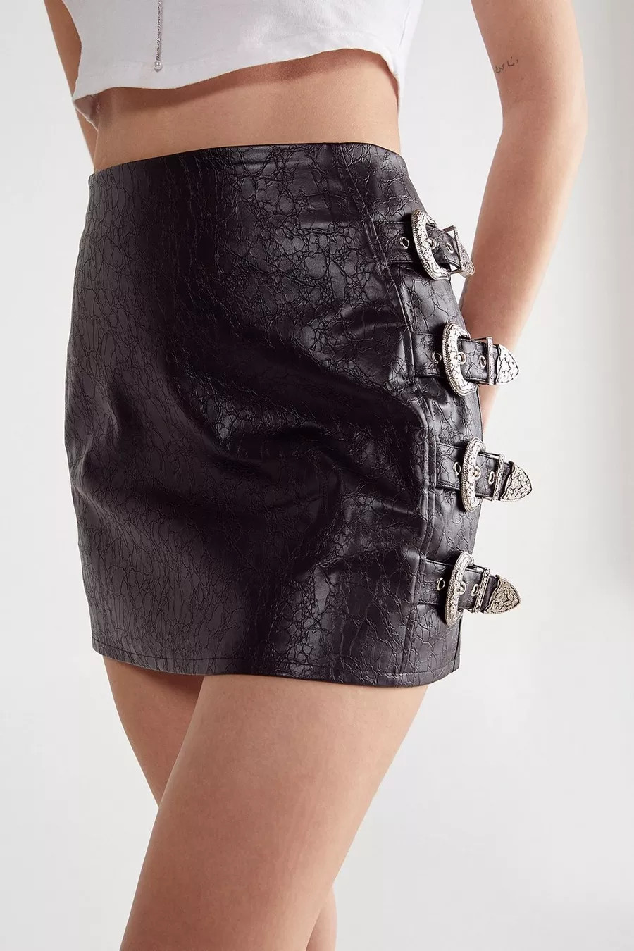 Distressed Faux Leather Buckle Detail Skirt | Nasty Gal US