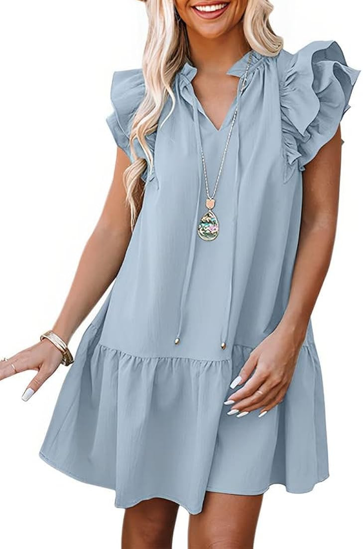 Dokotoo Womens 2023 Summer V-Neck Drawstring Ruffle Cap Short Sleeve Side Pockets Mini Dress Sund... | Amazon (US)