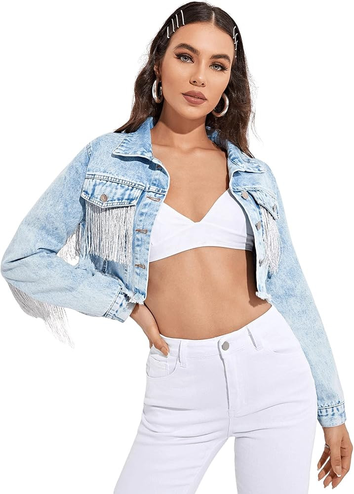 Verdusa Women's Raw Hem Ripped Fringe Long Sleeve Crop Denim Jacket | Amazon (US)