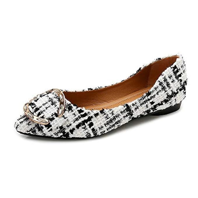 Meeshine Womens Classic Pointy Toe Ballet Flats Slip On Plaid Dress Flat Shoes | Amazon (US)