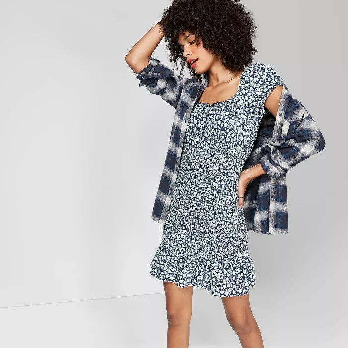 Women's Floral Print Short Sleeve Scoop Neck Smocked Body Mini Dress - Wild Fable™ Navy | Target