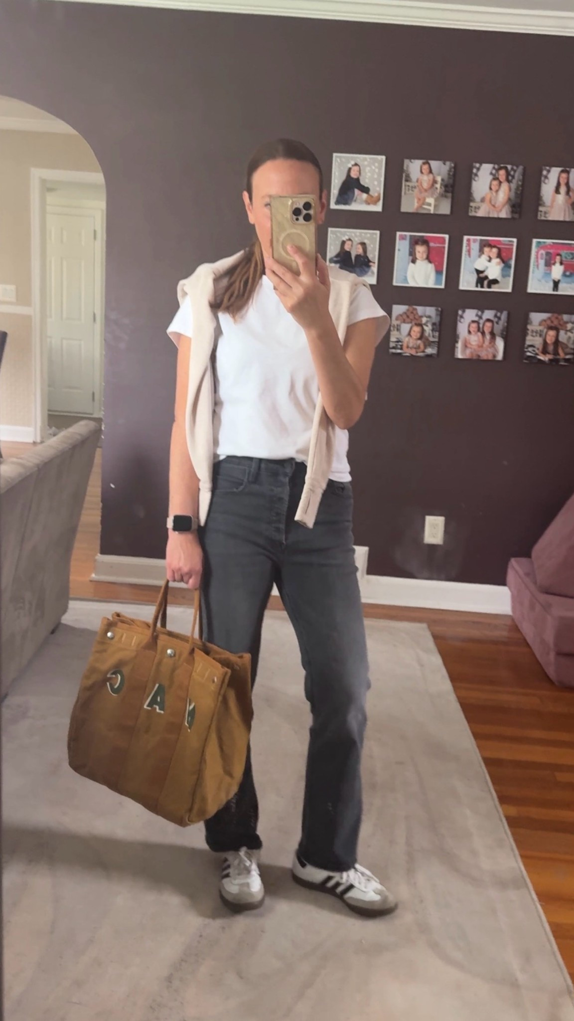 Today’s casual mom school pickup outfit. I just got this tote and LOVE it!  It’s so roomy, I love the vintage wash look and the monogram is so cool. I’ve gotten so many compliments already!