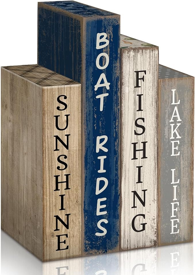 4 Pcs Summer Lake House Decor Stacked Wooden Block Set with Lake Life Boat Rides Fishing Sunshine... | Amazon (US)