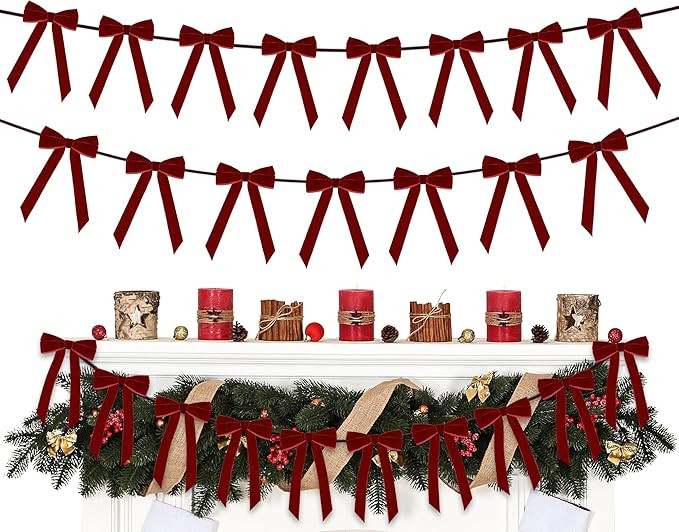 Christmas Velvet Bows Garland, 10ft Pre-Strung Christmas Garland Banner with 15 Bows, Indoor Vint... | Amazon (US)