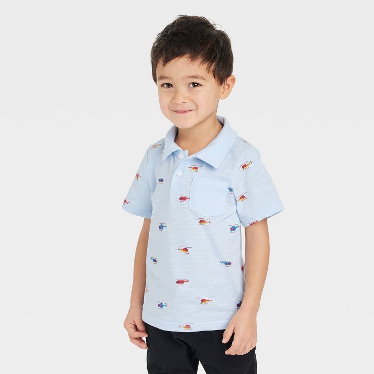 Toddler Boys' Helicopter Print Short Sleeve Knit Polo Shirt - Cat & Jack™ Light Blue | Target