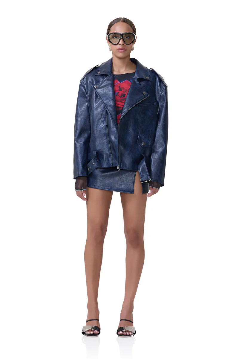 Blaise Moto Jacket - Navy Distressed | ShopAFRM