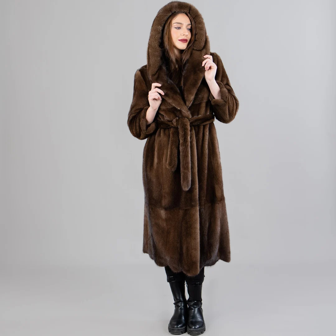 Mink Fur Coat With a Hood in Brown Color - Etsy | Etsy (US)