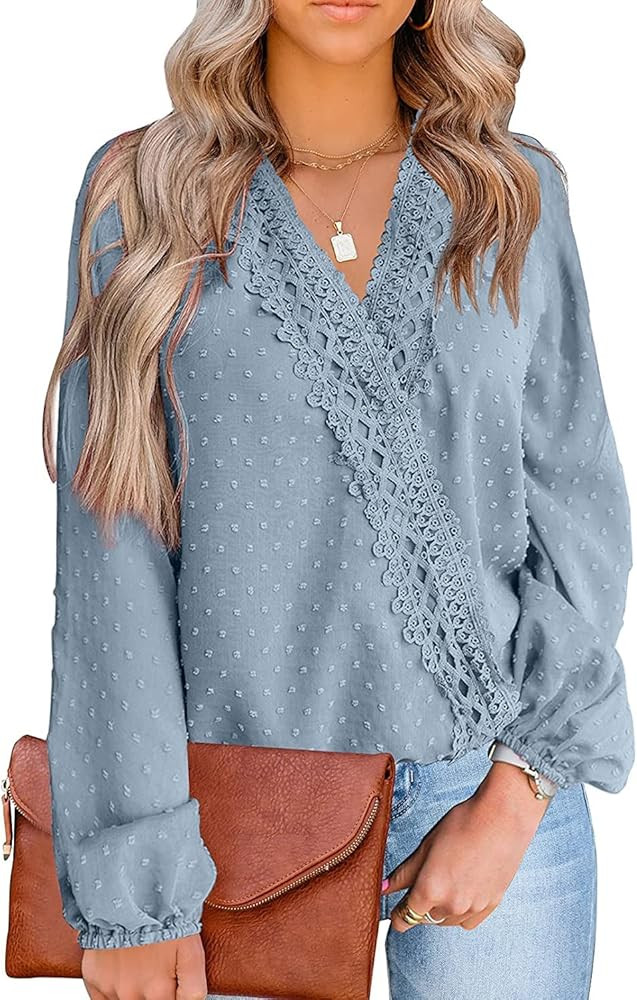 Women Chiffon Blouses Swiss Dot Smocked Ruffle Long Sleeve Flowy Shirt Pom pom Tunic Tops … | Amazon (US)