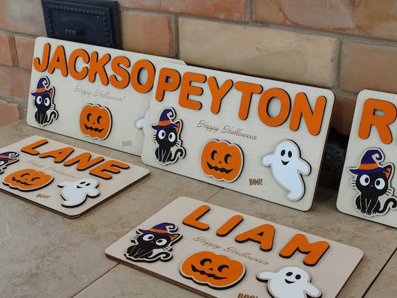 Baby toddler kid Halloween toy Wooden name puzzle with black cat, ghost and pumpkin | Etsy (US)