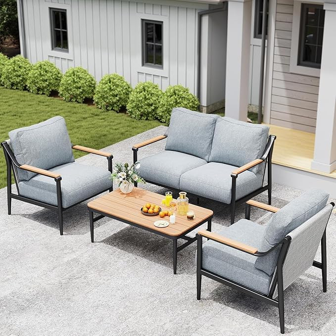 4 Pieces Outdoor Sofa Conversation Set, 4 Seats Couch Set with Table, Metal Frame Rope Weaving De... | Amazon (US)