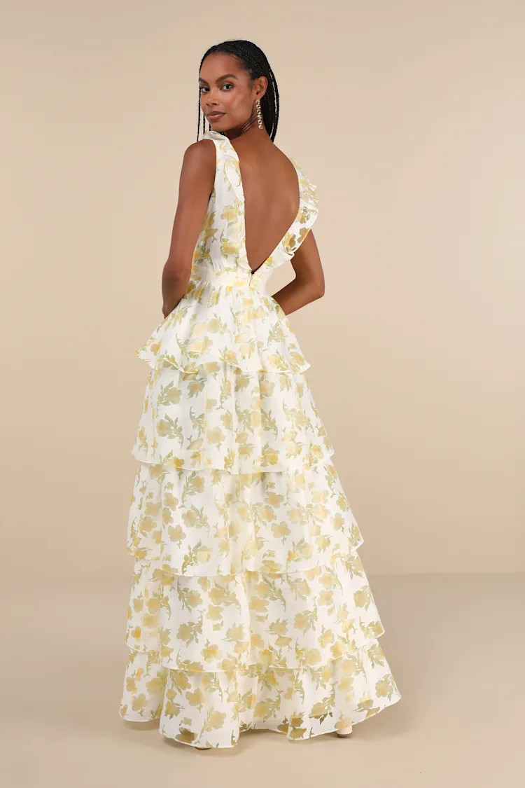 Aesthetic Aura Ivory and Yellow Floral Burnout Tiered Maxi Dress | Lulus