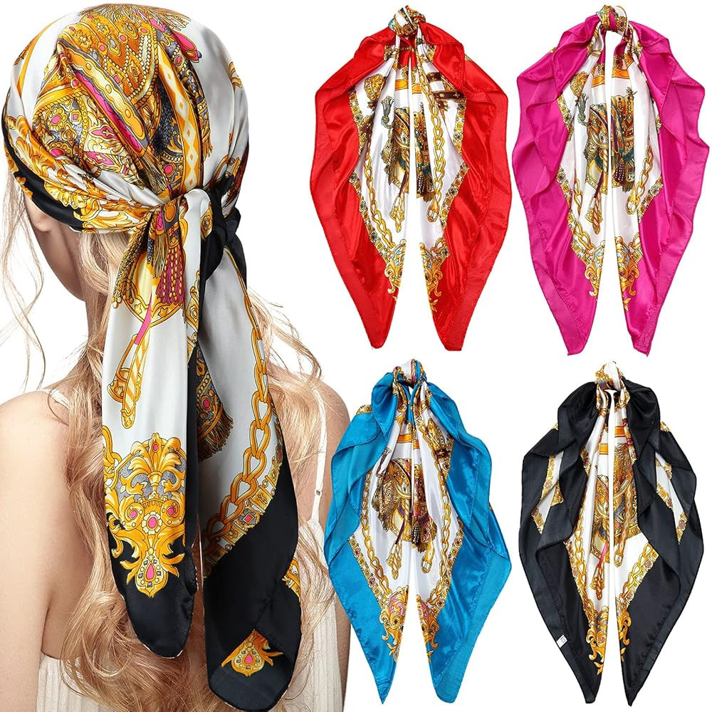 Honoson 4 Pcs 35 Inch Satin Head Scarf for Women's Hair Square Bandanas Large Silk Scarves for Sl... | Amazon (US)