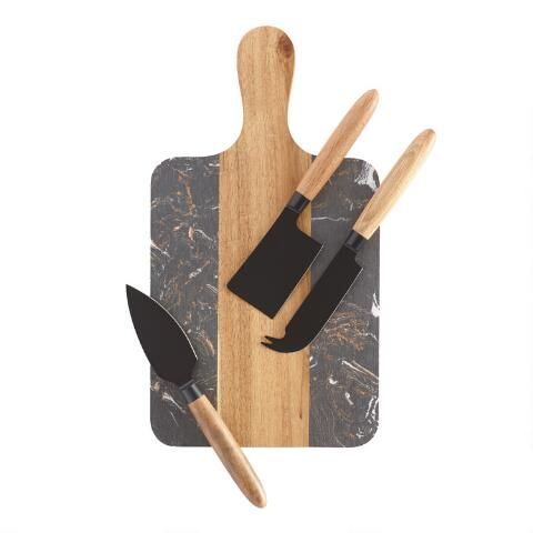 Black Marble and Wood Cheese Board and Knives 4 Piece Set | World Market