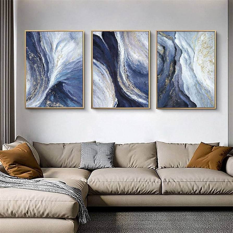 Large Abstract Canvas Wall Art with Gold Frame for Living Room-3 Pieces Navy Blue and Gold Abstra... | Amazon (US)