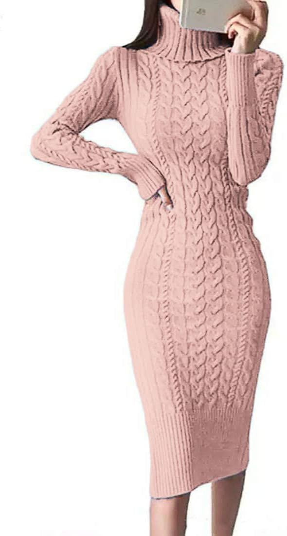 Fangetey Womens Long Sleeve Turtleneck Sweater Dresses Knitted Bodycon Midi Sheath Jumper Dresses | Amazon (US)