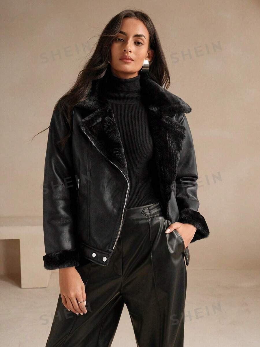 Anewsta 1pc Women's Black PU Leather & Faux Rabbit Fur Collar Jacket | SHEIN
