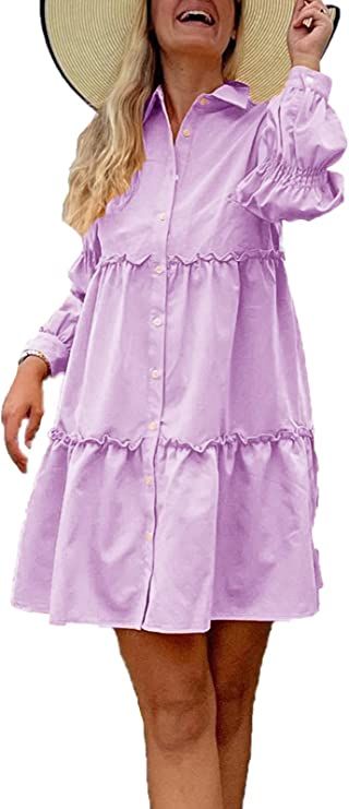 Paintcolors Women's Puff Sleeve Ruffle Shift Dress Button Down Tiered Babydoll Tunic Dress Loose ... | Amazon (US)