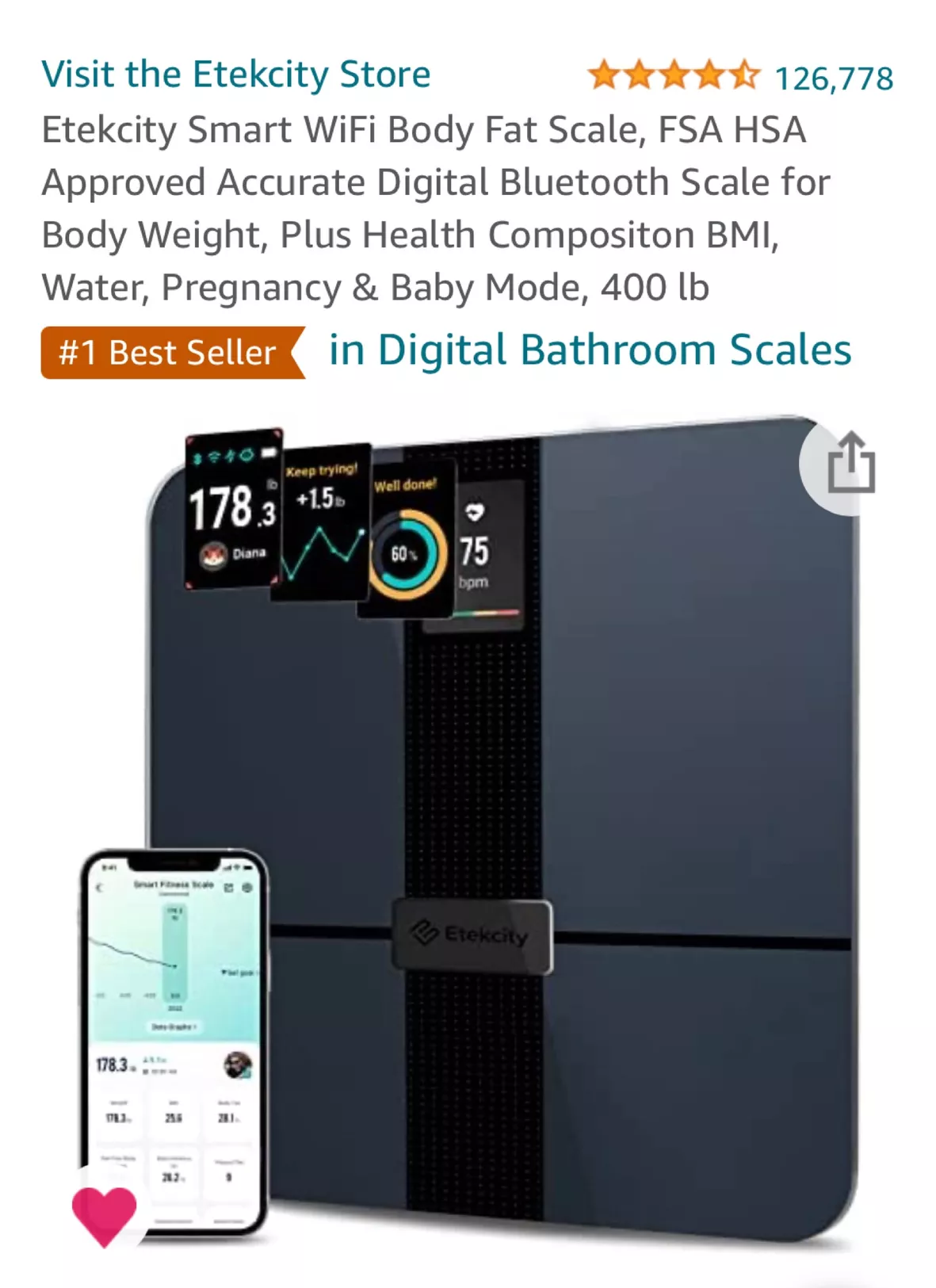 Etekcity Smart WiFi Scale for Body Weight and Fat, FSA HSA Eligible Digital  Bath