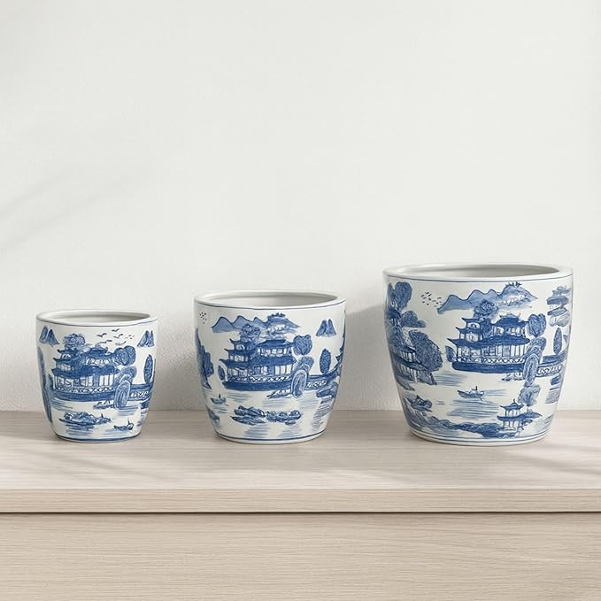 Set of 3 Stoneware Decorative Planter Pots with Drainage \u2013 Chinoiserie Style, Decorative Out... | Amazon (US)