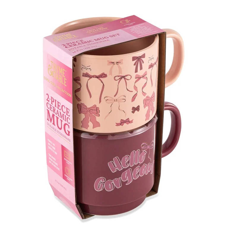 Thyme & Table 14.2 fl oz Hello Gorgeous and Pink Bows Stoneware Stacking Mugs, Set of 2 | Walmart (US)