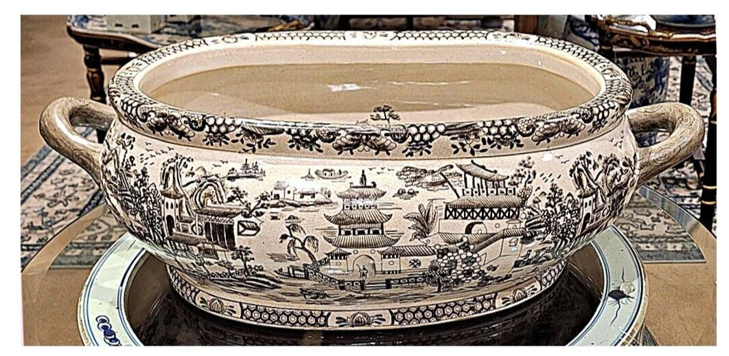 Black, White Oval Chinoiserie Porcelain Footbath Planter. Hand Painted-21.5"L | eBay US