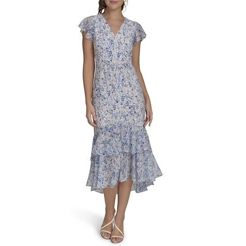 Tommy Hilfiger Women's Tiered Empire Waist Midi Dress, French Blue Multi, 6 | Amazon (US)