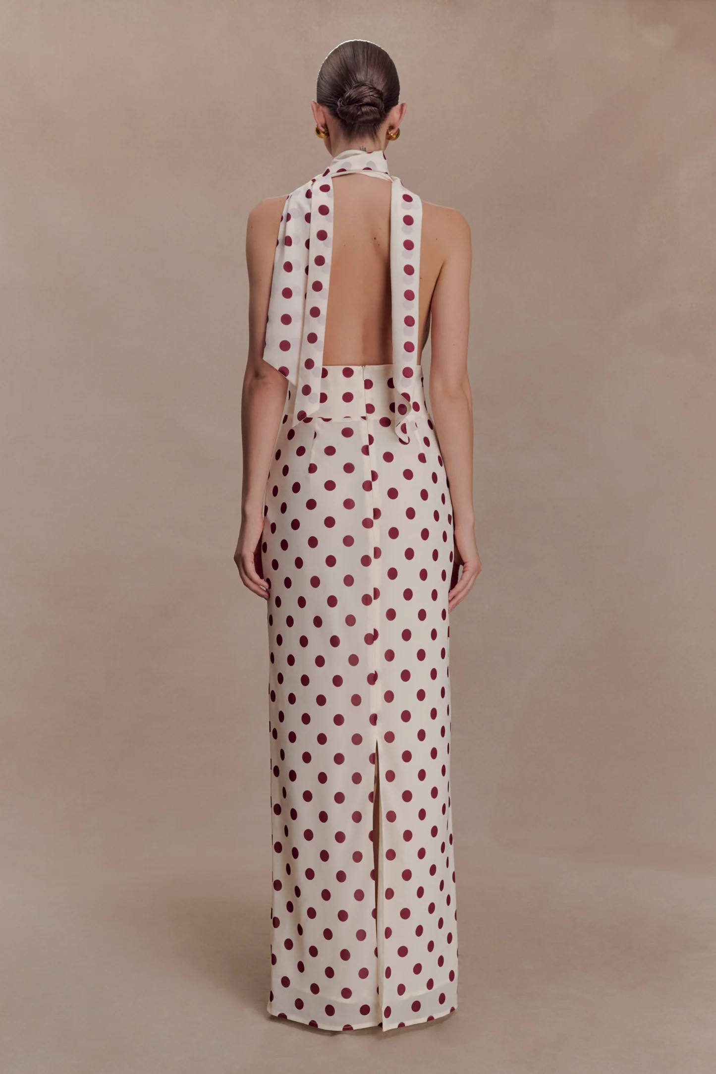 Nadine Halter Chiffon Maxi Dress - Ivory/Merlot Polka Dot | Meshki UK