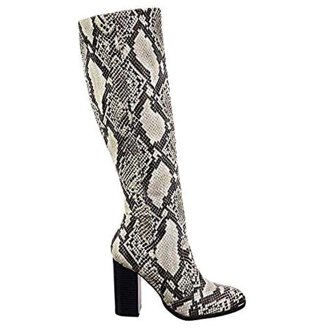 Aquapillar Faux Fur Inner Lining High Block Heel Dress Boots w Snakeskin Embossed | Amazon (US)