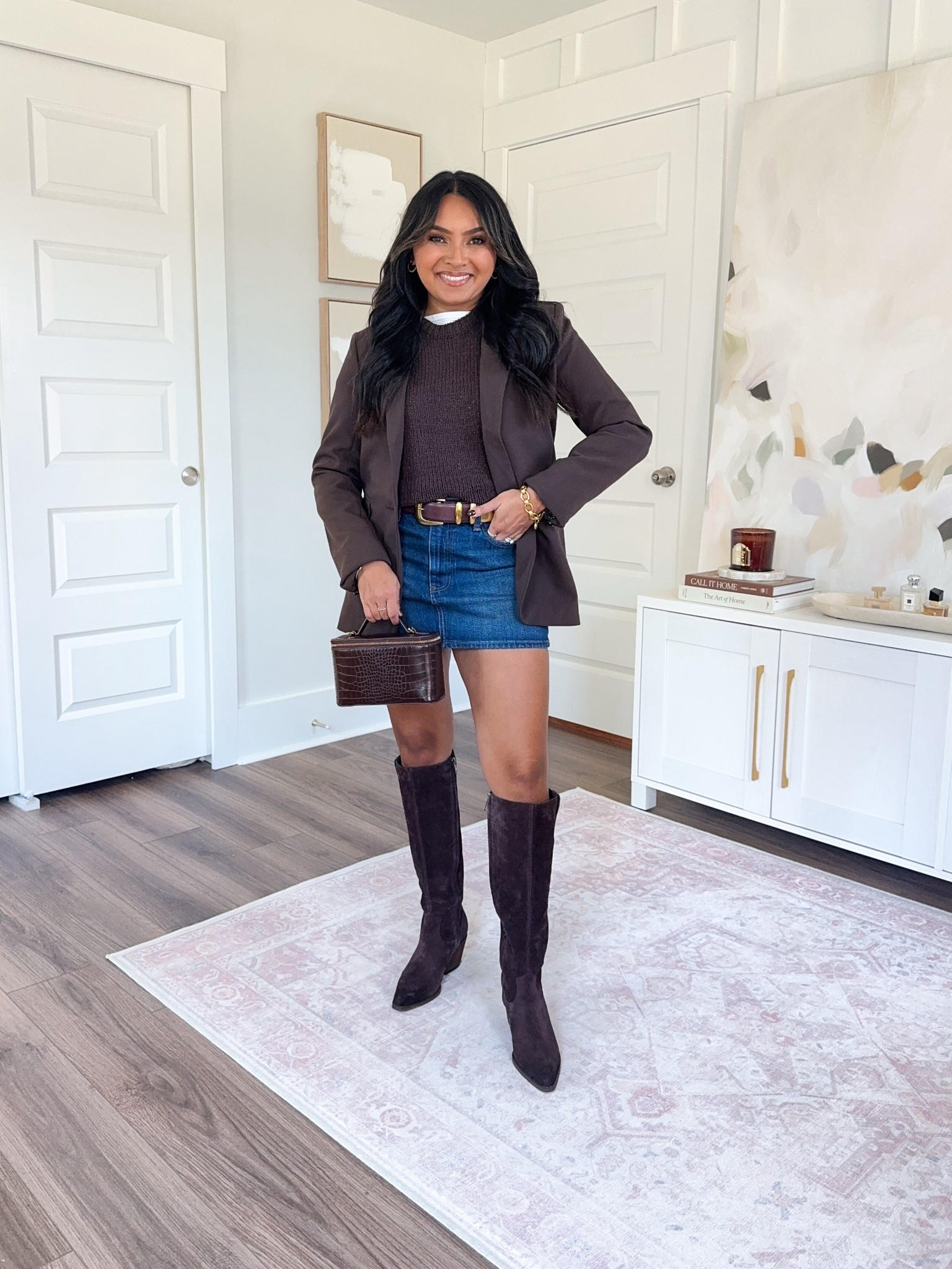 Brown dark coffee blazer size xxs regular TTS
White tank size xs TTS
Brown dark coffee sweater size xxs TTS
Brown and gold belt size xs TTS - I use the last hole on this belt so size up if you want more room!
Mid rise denim mini skirt in dark color size 26 TTS
Tall brown boots in cafe noir size 5.5 TTS


#LTKFallSale #LTKSaleAlert #LTKPetite