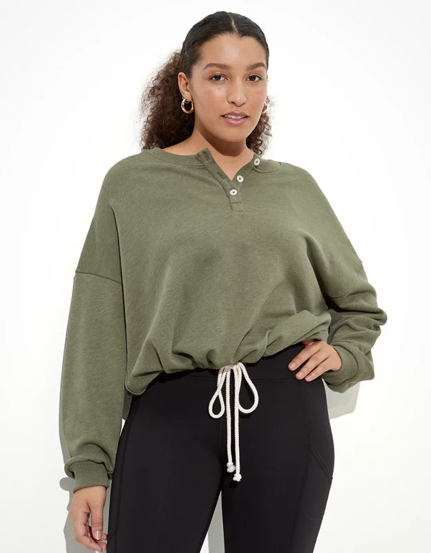AE Fleece Cinched Henley Sweatshirt | American Eagle Outfitters (US & CA)