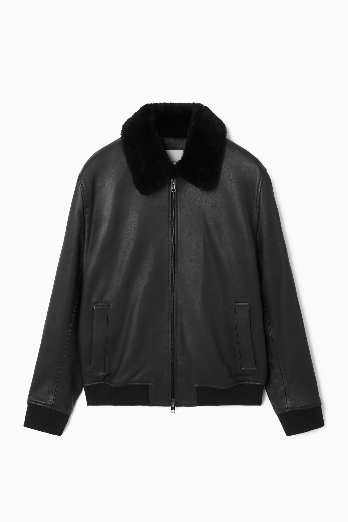 SHEARLING-TRIMMED LEATHER BOMBER JACKET | COS (US)