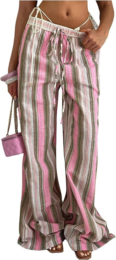 GORGLITTER Women's Striped Linen Pants Summer Casual Boho Bow Elastic Low Waist Drawstring Wide L... | Amazon (US)