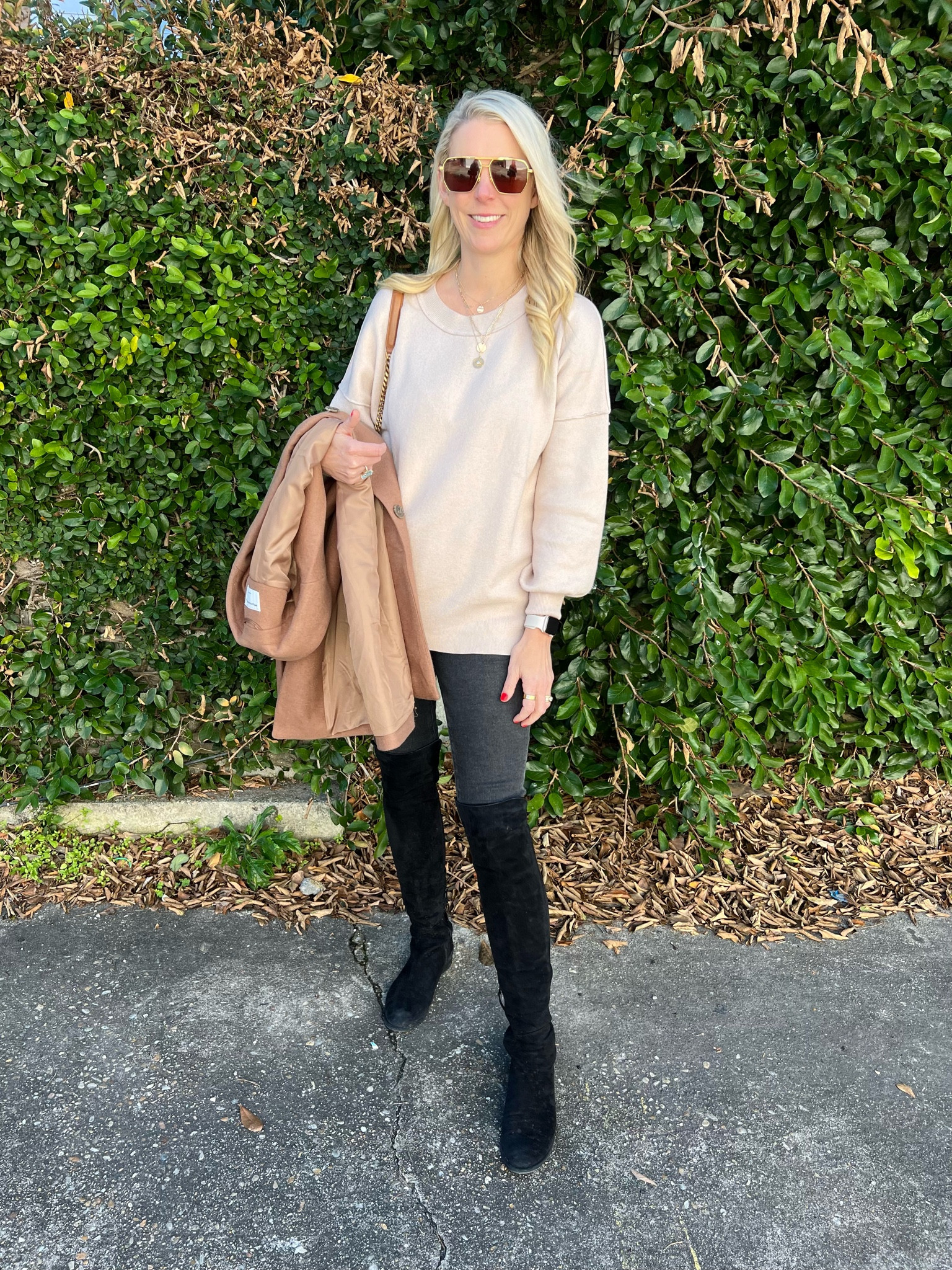 Wearing small in sweater and 6 in jeans 