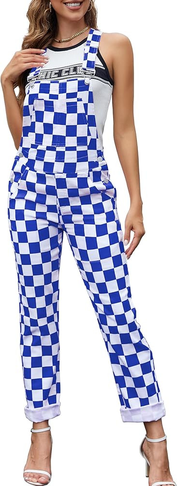 Odefou Checkered Pants Womens Overalls Fashion Bib Coveralls Cute Stretch Jeans Jumpsuit | Amazon (US)